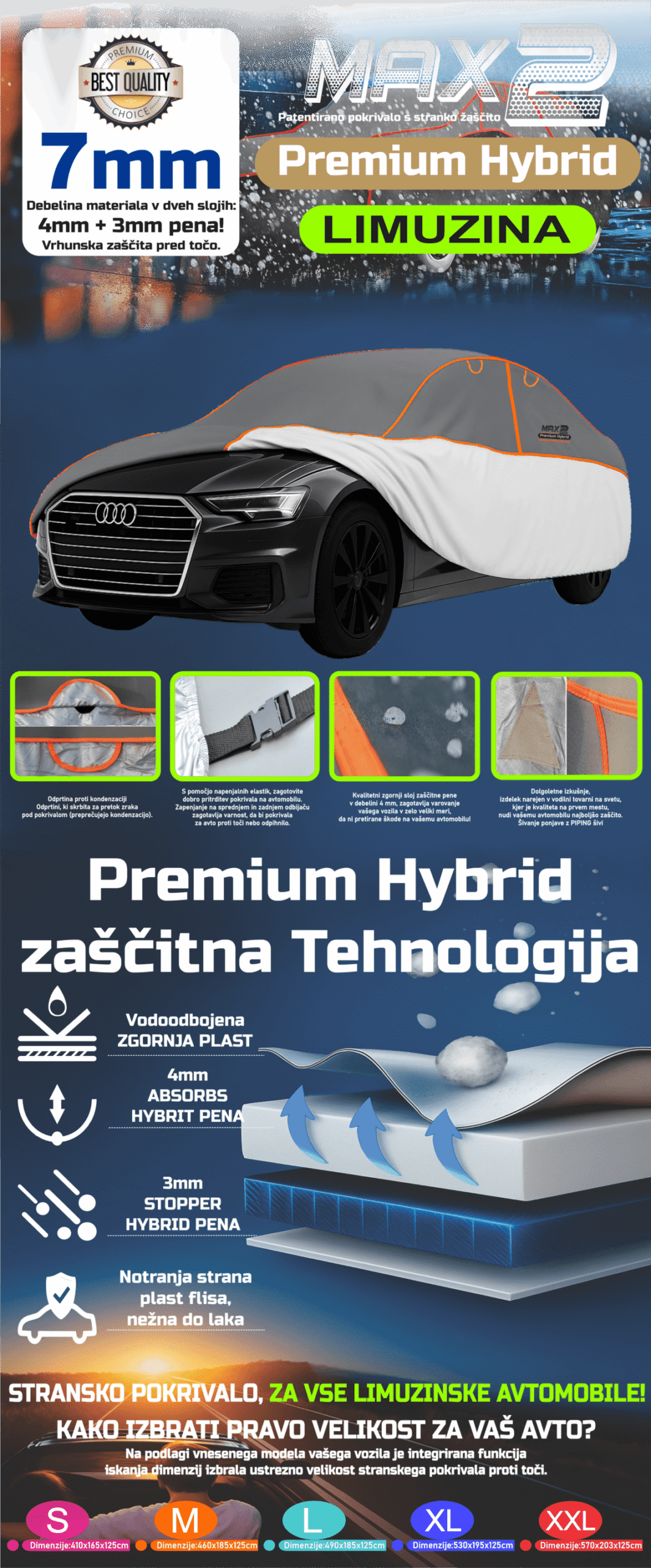 Avtopokrivalo MAX 2 Premium Hybrid za limuzino z 7 mm zaščito pred točo